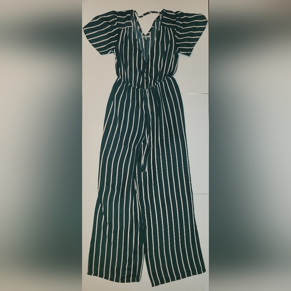 Charlotte Russe Green Pink Striped Short Sleeve Button Front V Neck Jumpsuit - Picture 1 of 14
